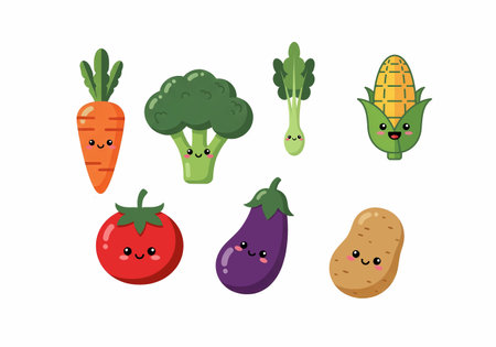 A collection of adorable cartoon vegetables including a carrot, broccoli, tomato, eggplant, corn, lettuce, and potato, all with cute faces.のイラスト素材