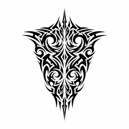A detailed black and white tribal tattoo design featuring sharp points, swirling patterns, and symmetrical elements, perfect for body art inspiration.のイラスト素材