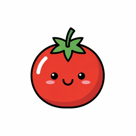 A cute, cartoon-style tomato with a smiling face, rosy cheeks, and a vibrant red color, topped with a green stem and leaves.のイラスト素材