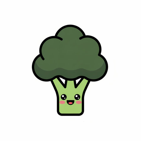 A charming cartoon illustration of a broccoli floret with a cute, smiling face, perfect for childrens books or educational materials.のイラスト素材