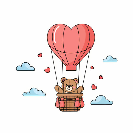 A charming illustration of a teddy bear riding in a heart-shaped hot air balloon, surrounded by clouds and hearts, perfect for Valentines Day.のイラスト素材
