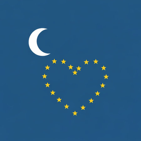 A serene illustration featuring a crescent moon and a heart shape formed by golden stars against a deep blue background, evoking a sense of peace and dreams.のイラスト素材