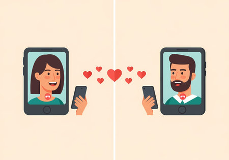 Illustration of a woman and a man connecting through smartphones with hearts floating between them, representing online dating and relationships.のイラスト素材