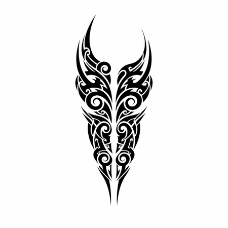 A symmetrical tribal tattoo design featuring swirling patterns and sharp, pointed edges, perfect for body art.のイラスト素材