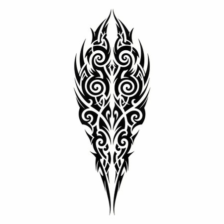 A detailed tribal tattoo design featuring symmetrical swirls, sharp edges, and a pointed tip, rendered in black ink on a white background.のイラスト素材
