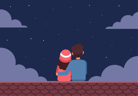 A couple sits on a rooftop, gazing at the starry night sky, sharing a quiet, intimate moment under the stars.のイラスト素材