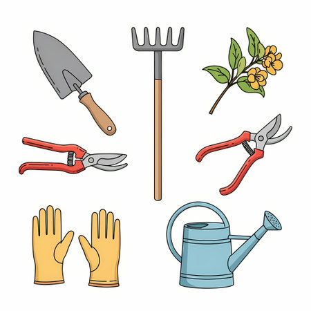 A colorful illustration of essential gardening tools including a trowel, rake, pruners, gloves, watering can, and a flowering plant branch.のイラスト素材