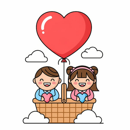 A delightful Valentines Day illustration featuring a boy and girl in a basket attached to a heart-shaped balloon, surrounded by clouds.のイラスト素材