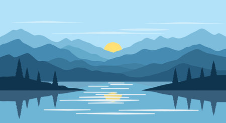 A tranquil vector illustration of a mountain range reflected in a calm lake at sunrise, evoking peace and natural beauty.のイラスト素材