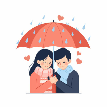 A charming illustration of a couple sharing an umbrella in the rain, surrounded by hearts, symbolizing love and togetherness.のイラスト素材