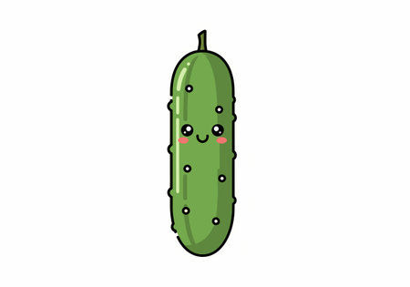 A charming kawaii-style illustration of a green cucumber with a cute smiling face, perfect for food-related designs and childrens illustrations.のイラスト素材