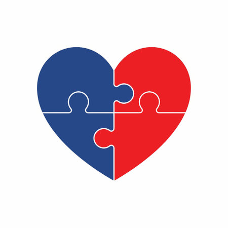 A heart-shaped puzzle with blue and red pieces, symbolizing connection, collaboration, and the coming together of different elements to form a whole.のイラスト素材