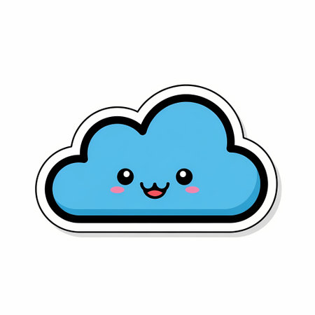 A charming cartoon illustration of a blue cloud with a kawaii face, featuring a black outline and a white border, perfect for various creative projects.のイラスト素材