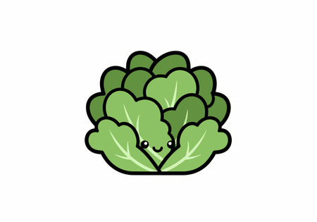 A charming cartoon illustration of a cabbage with a cute smiling face, showcasing vibrant green leaves and a playful design.のイラスト素材