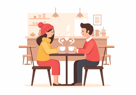 A charming illustration of a couple on a coffee date, set in a warm and inviting cafe atmosphere, perfect for conveying romance and togetherness.のイラスト素材