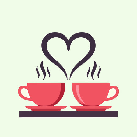 Two red cups of coffee on saucers with steam rising to form a heart shape, symbolizing love and connection.のイラスト素材