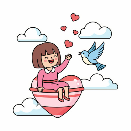 A cute cartoon illustration of a girl sitting on a heart-shaped balloon, with a bird flying nearby and clouds in the background, conveying love and happiness.のイラスト素材