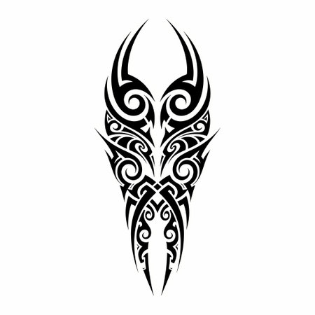Intricate tribal tattoo design featuring swirling patterns and sharp, pointed edges, rendered in bold black ink on a white background.のイラスト素材