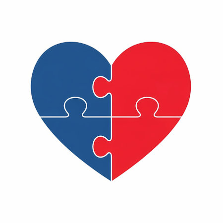 A heart-shaped puzzle with blue and red pieces, symbolizing connection, love, and the importance of unity and interdependence in relationships.のイラスト素材