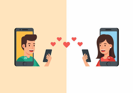 Illustration of a man and woman connecting through their smartphones, sending love hearts in an online dating scenario.のイラスト素材