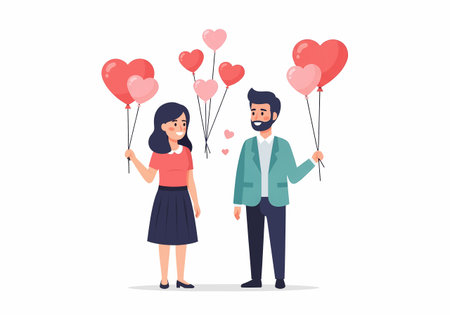 A charming illustration of a couple holding heart-shaped balloons, perfect for Valentines Day or romantic themes.のイラスト素材