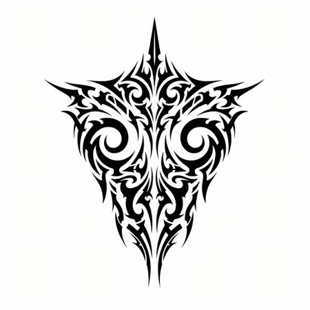 A striking tribal tattoo design featuring bold black lines, swirling patterns, and sharp, pointed edges, creating a visually captivating and symmetrical image.のイラスト素材