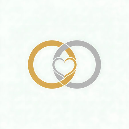 Two intertwined wedding rings, one gold and one silver, forming a heart shape, symbolizing love, commitment, and marriage. Minimalist design for wedding invitations or announcements.のイラスト素材
