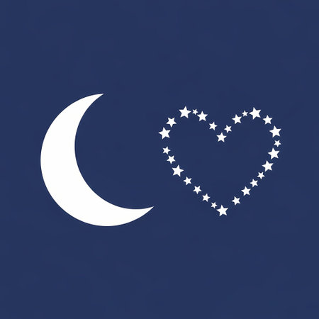 A serene image featuring a crescent moon and a heart shape formed by stars against a dark blue background, evoking feelings of love and tranquility.のイラスト素材