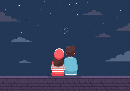 A couple sits on a rooftop, looking up at the stars in the night sky, enjoying a romantic moment together.のイラスト素材