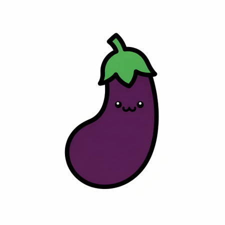 A charming cartoon illustration of an eggplant with a cute smiling face and a vibrant green stem, perfect for food-related designs.のイラスト素材