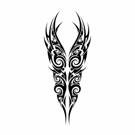 Intricate tribal tattoo design featuring swirling patterns, sharp edges, and symmetrical elements, perfect for body art and graphic design projects.のイラスト素材