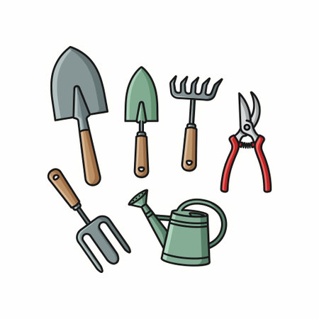 A colorful illustration of essential gardening tools including a shovel, trowel, rake, shears, fork, and watering can, perfect for gardening enthusiasts.のイラスト素材