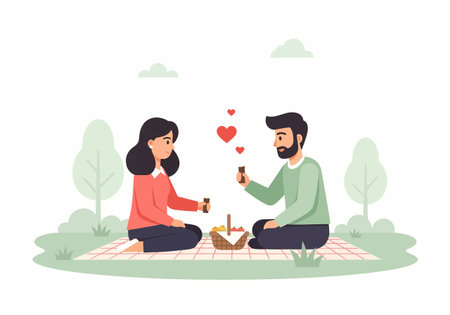 A charming illustration of a couple enjoying a romantic picnic outdoors, surrounded by nature and love hearts.のイラスト素材