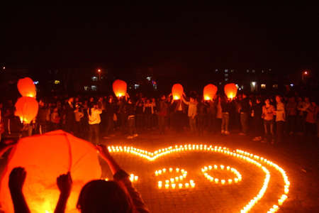 At 8 02 on April 20, 2013 China Ya an 7 0 earthquake occurred  Pictured students organize activities for the earthquake victims compatriots in prayer  Hope that the dead rest in peace, living strong  Baixiang County, Hebei Province, China, April 27, 2013 のeditorial素材