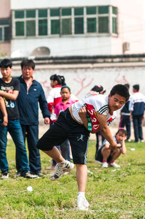 Baixiang County, Hebei Province, China, May 14, 2013. Student Games Throwing venues, athletes strive...