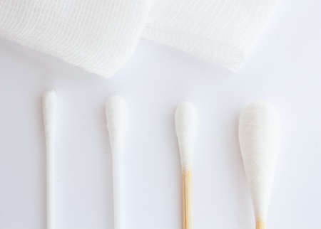 Cottonbud with cotton wool in different sizes and gauzeの写真素材