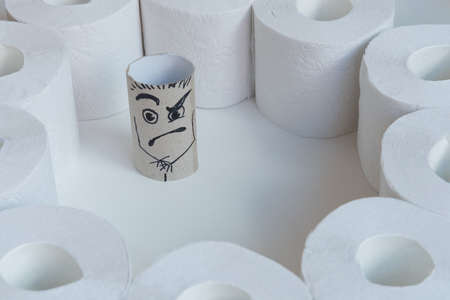 The empty sleeve of toilet paper. The sleeve is surrounded by toilet paper rolls. A grimace of anger and horror is drawn. The concept of exposure.の写真素材