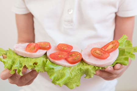 The child holds a large sandwich with both hands. On the sandwich are green leaves, ham and tomatoes. Close up. Schoolの写真素材