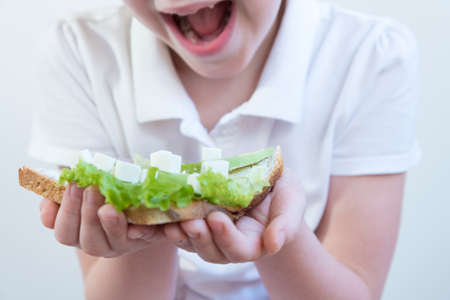 The child holds in his hands and is going to eat a healthy sandwich. On bread are lettuce, avocado...