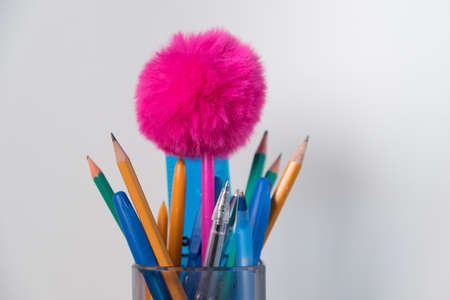 Among the usual office supplies, a bright pink pen stands out. The concept of a working team. A star among office employees. Glamourの写真素材