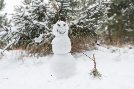 In the snow-covered forest stands a smiling snowman. Snowman shows like, in the other hand he has a spruce branchの写真素材