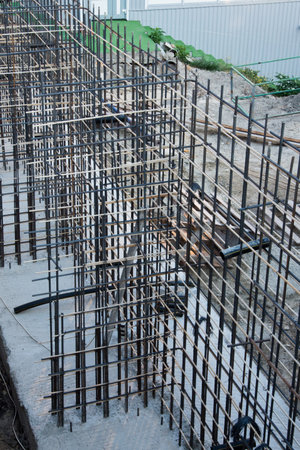One of the stages of the construction of a retaining wall, foundation. The reinforcement is embedded...