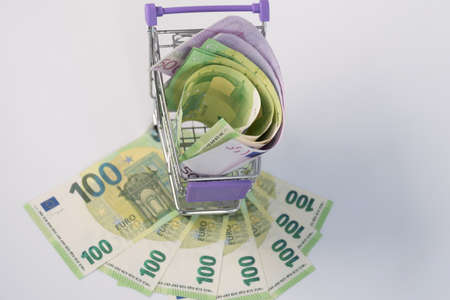 The shopping basket contains EU banknotes. The concept of selling, buying currency. Consumer basket. Saving. Trading on the stock exchangeの写真素材