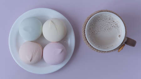 View from above. sweets, cocoa. Cozy picture. Place for text. Pastel shades.の写真素材
