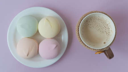 View from above. sweets, cocoa. Cozy picture. Place for text. Pastel shades.の写真素材