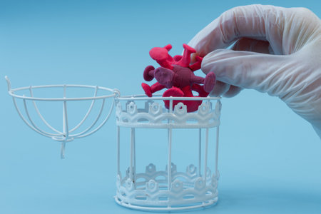 A hand in a medical glove places the virus in a metal cage. The concept of victory over the coronavirus. Vaccination and treatment of the virusの写真素材
