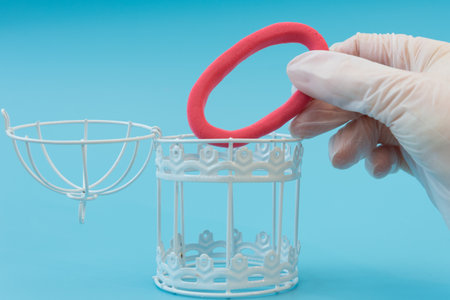 A hand in a medical glove places the omicron virus in a cage. The concept of victory over the coronavirus variant. Omicron is defeated and under control. Vaccination or medication.の写真素材