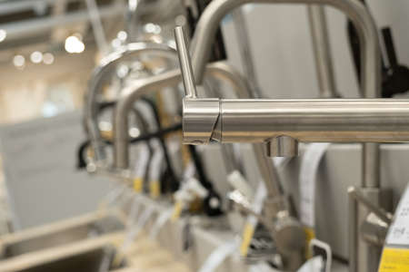 a wide range of faucets for tap water. The store offers a variety of shapes and colorsの写真素材
