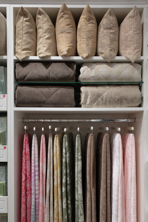 Blankets and pillows in the store. Neatly laid out on the shelvesの写真素材