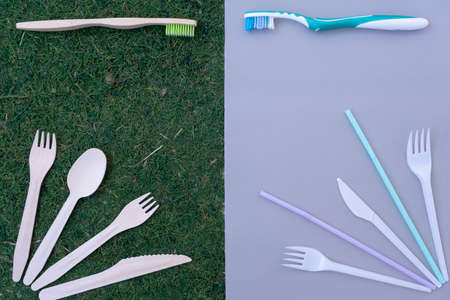 Two backgrounds. Plastic with plastic items. And natural moss with wooden eco-friendly items. Eco-friendly background and plastic, harmful to ecologyの写真素材